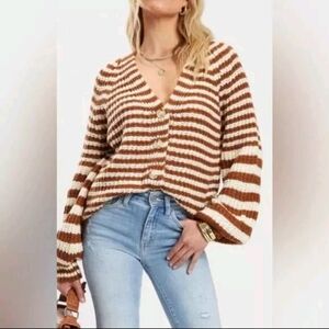 FORE Cardigan Sweater Stripe Brown White Balloon Sleeves L